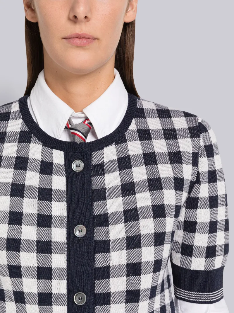 Gingham Silk Jacquard Tipping Short Sleeve Cardigan