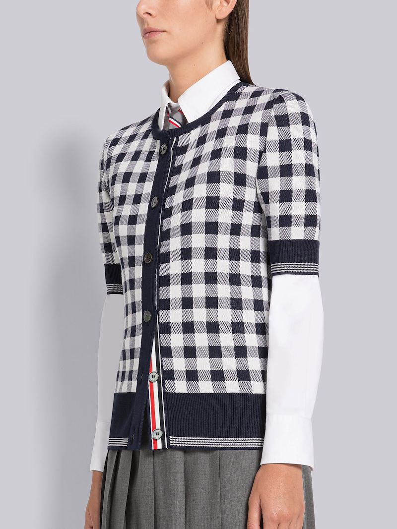 Gingham Silk Jacquard Tipping Short Sleeve Cardigan