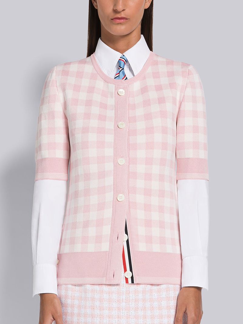 Gingham Silk Jacquard Tipping Short Sleeve Cardigan