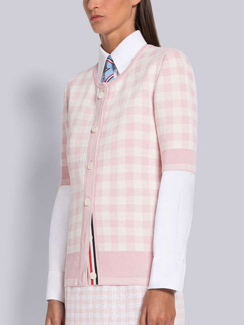 Gingham Silk Jacquard Tipping Short Sleeve Cardigan