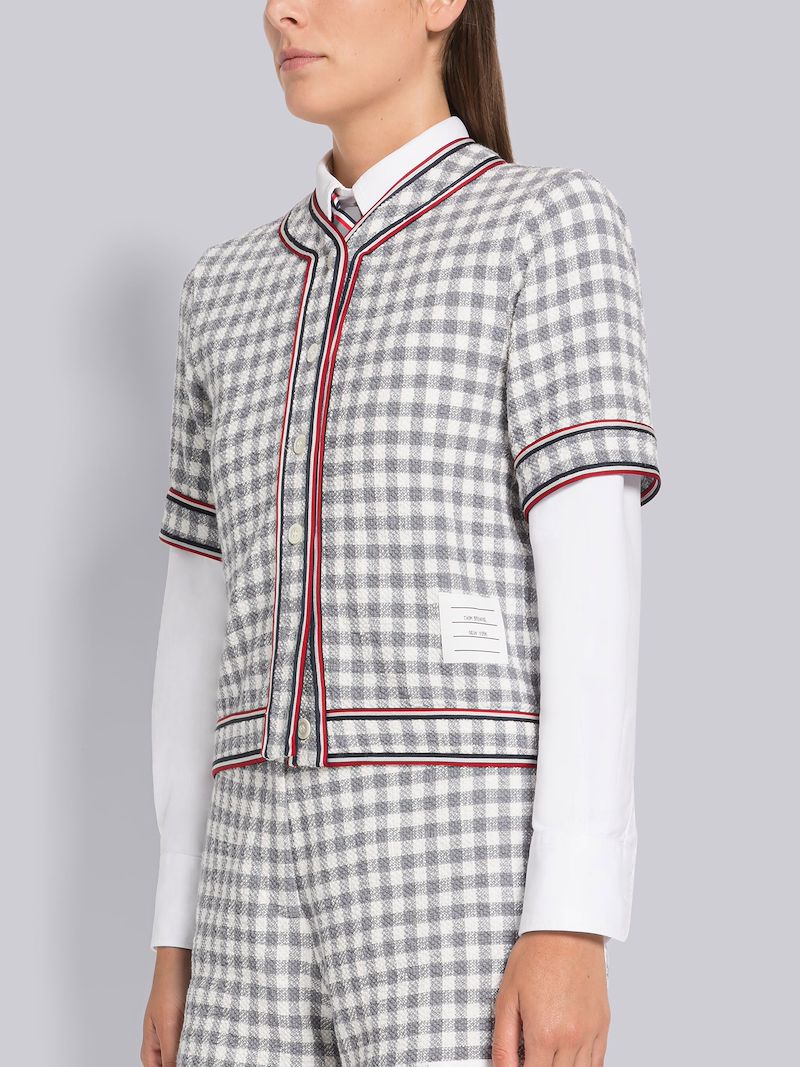 Gingham Stripe Trim Short Sleeve Cardigan
