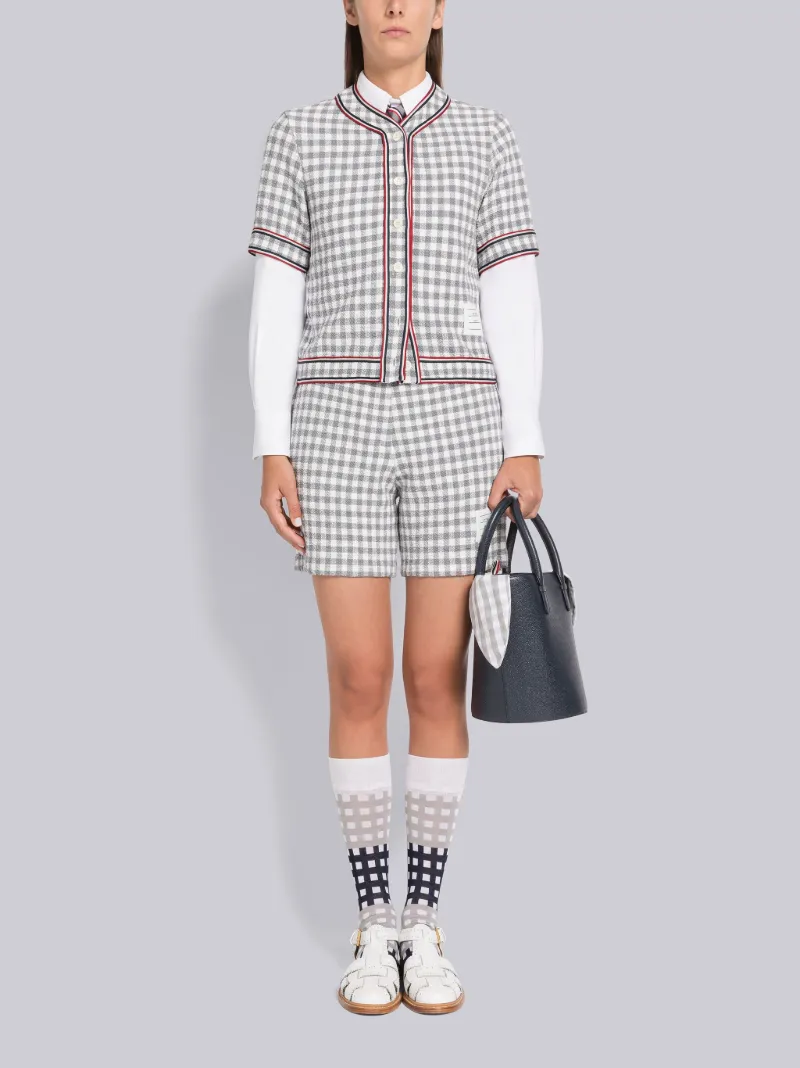 Gingham Stripe Trim Short Sleeve Cardigan