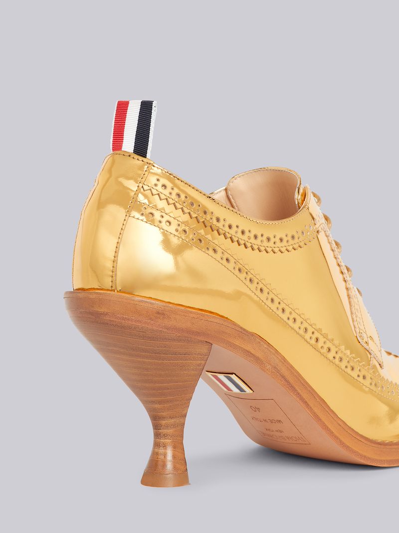 Gold Specchio Calf Leather 75mm Curved Heel Longwing Brogue