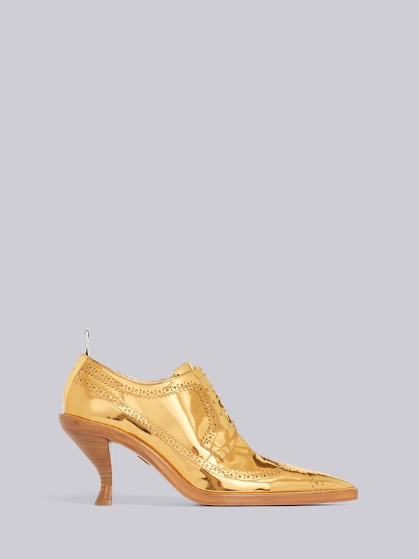 Gold Specchio Calf Leather 75mm Curved Heel Longwing Brogue