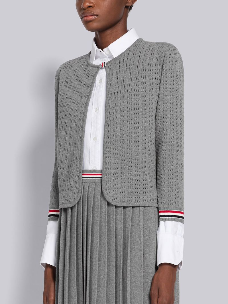 Grid Stitch Pointelle Cropped Crew Neck Cardigan