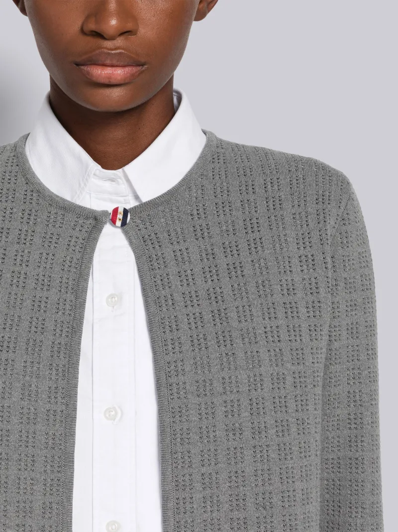 Grid Stitch Pointelle Cropped Crew Neck Cardigan