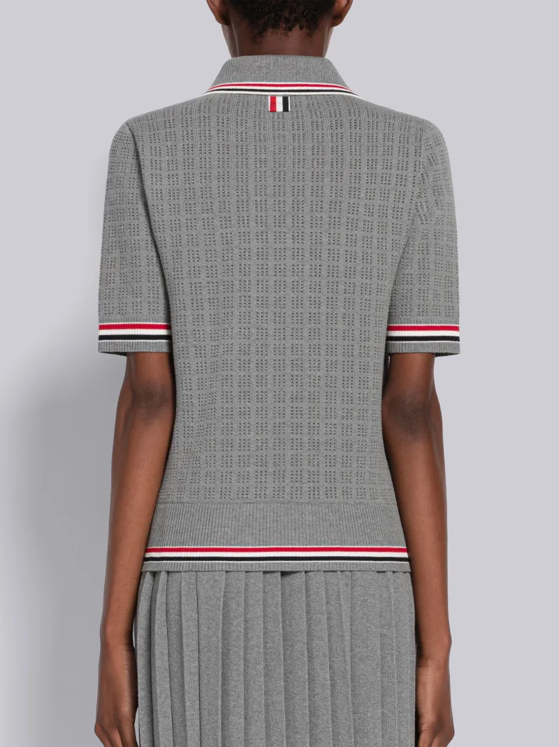 Grid Stitch Pointelle Stripe Keyhole Polo