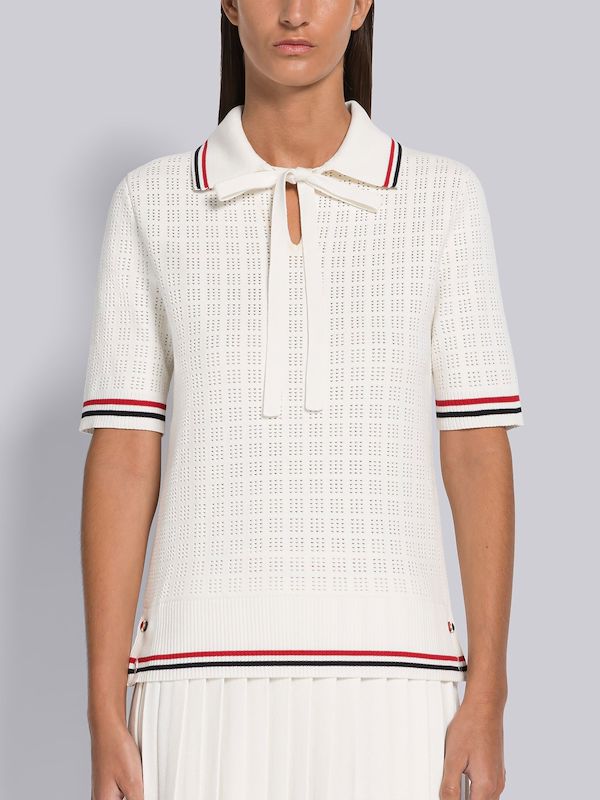 Grid Stitch Pointelle Stripe Keyhole Polo