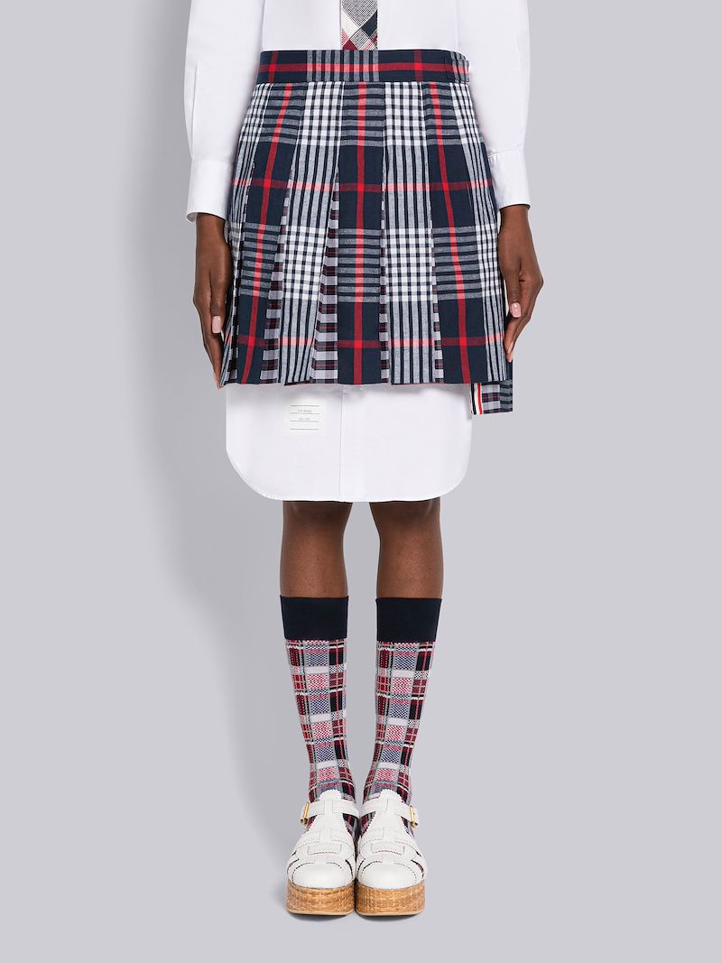Hairline Check Madras Pleated Mini Skirt