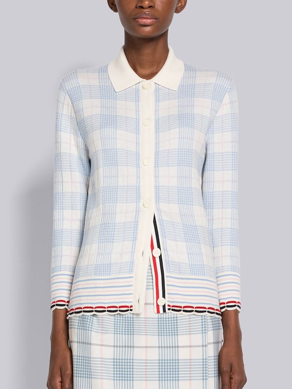 Hairline Check Scalloped Polo Cardigan