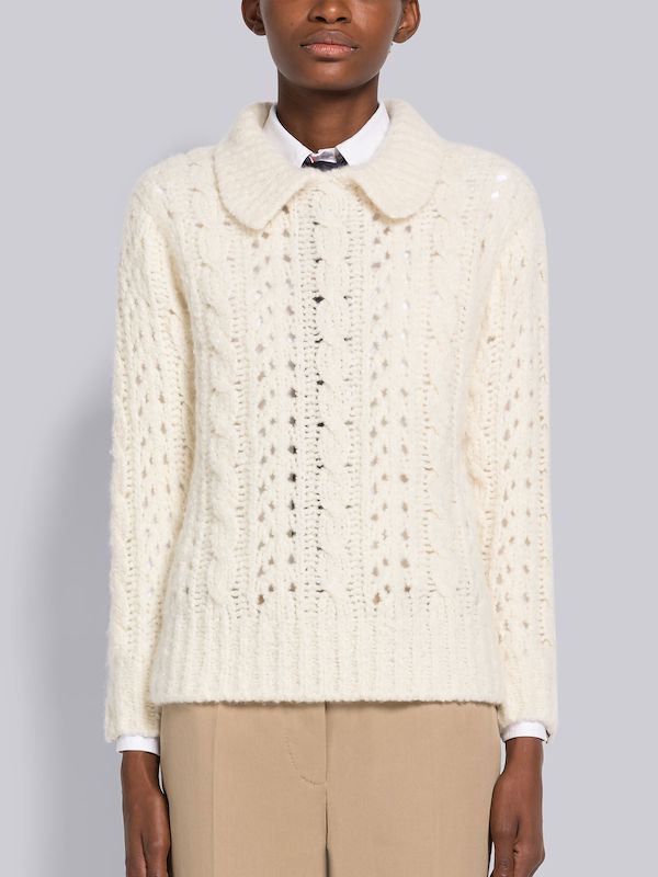 Hairy Silk Cashmere Chunky Pointelle Long Sleeve Polo