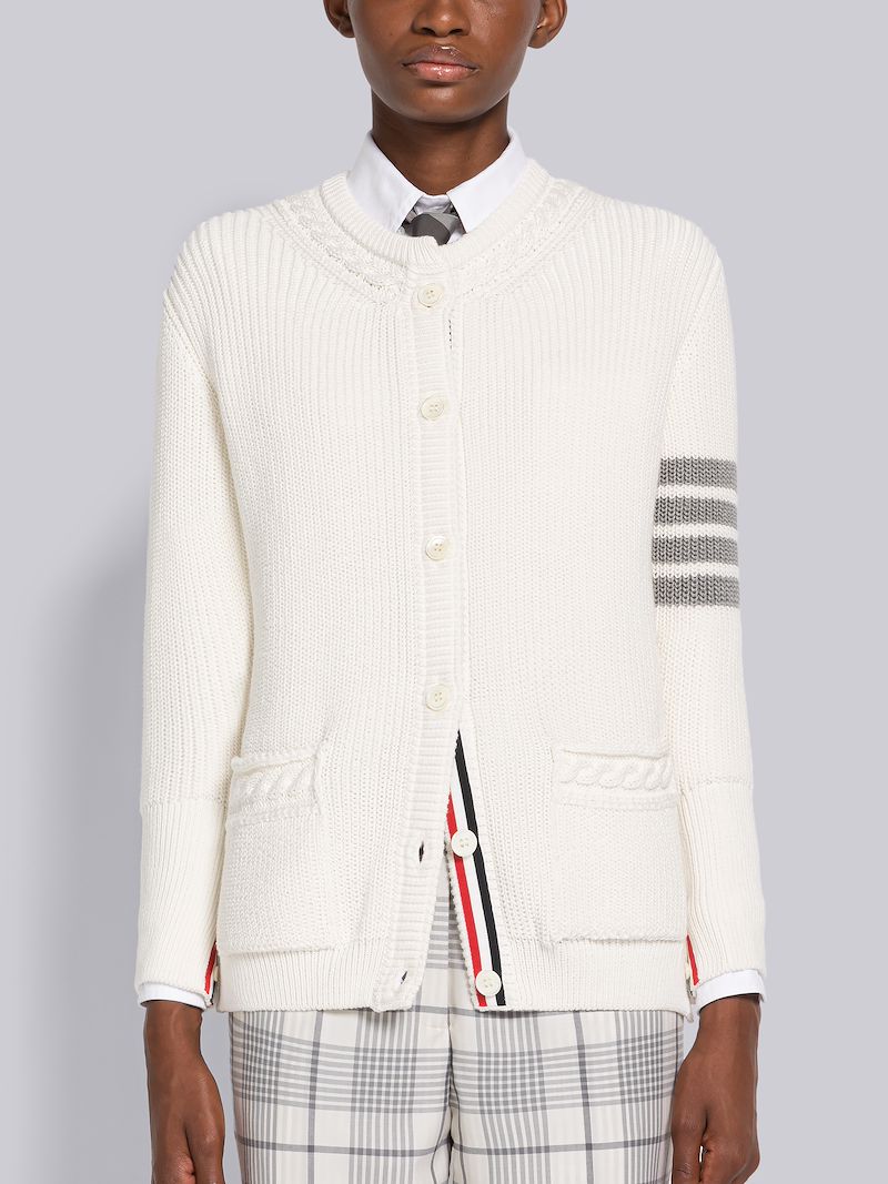 Half Cardigan Stitch Cotton 4-Bar Crew Neck Cardigan