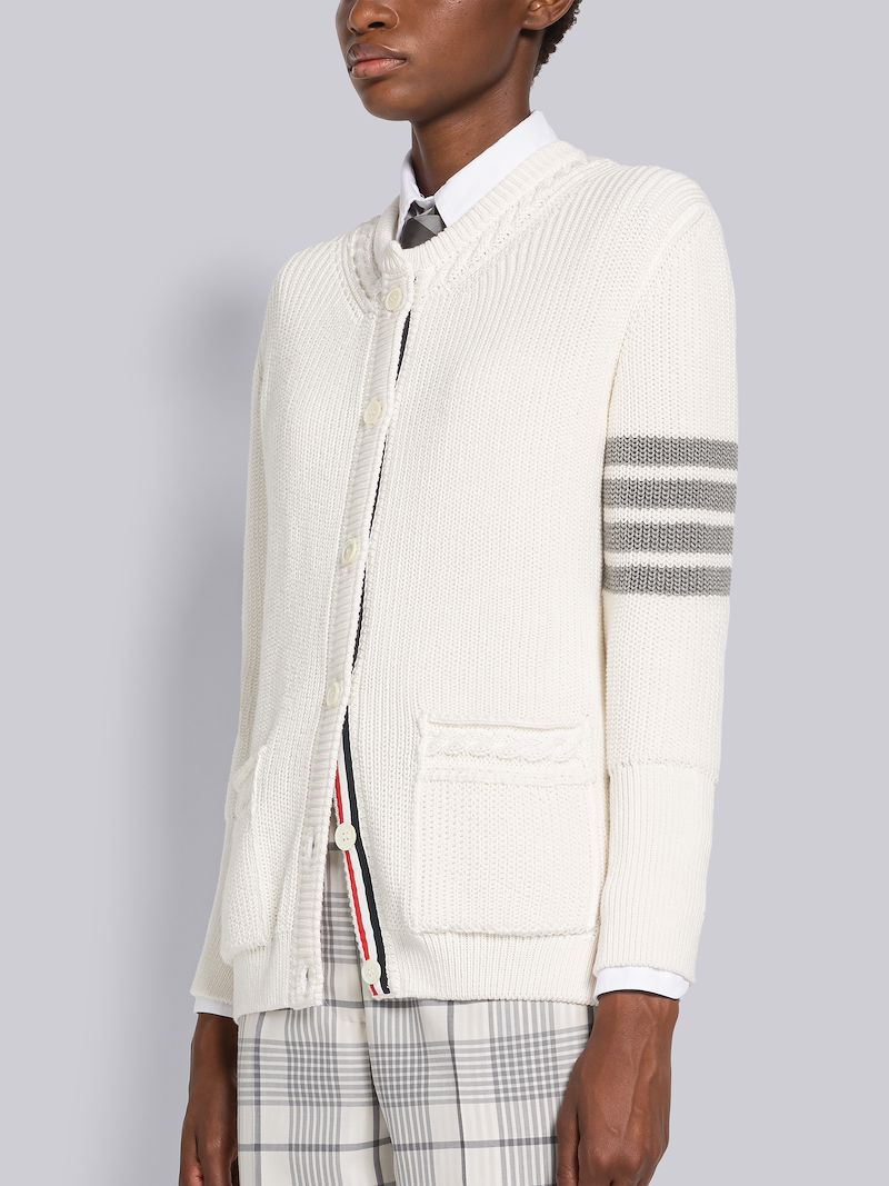 Half Cardigan Stitch Cotton 4-Bar Crew Neck Cardigan