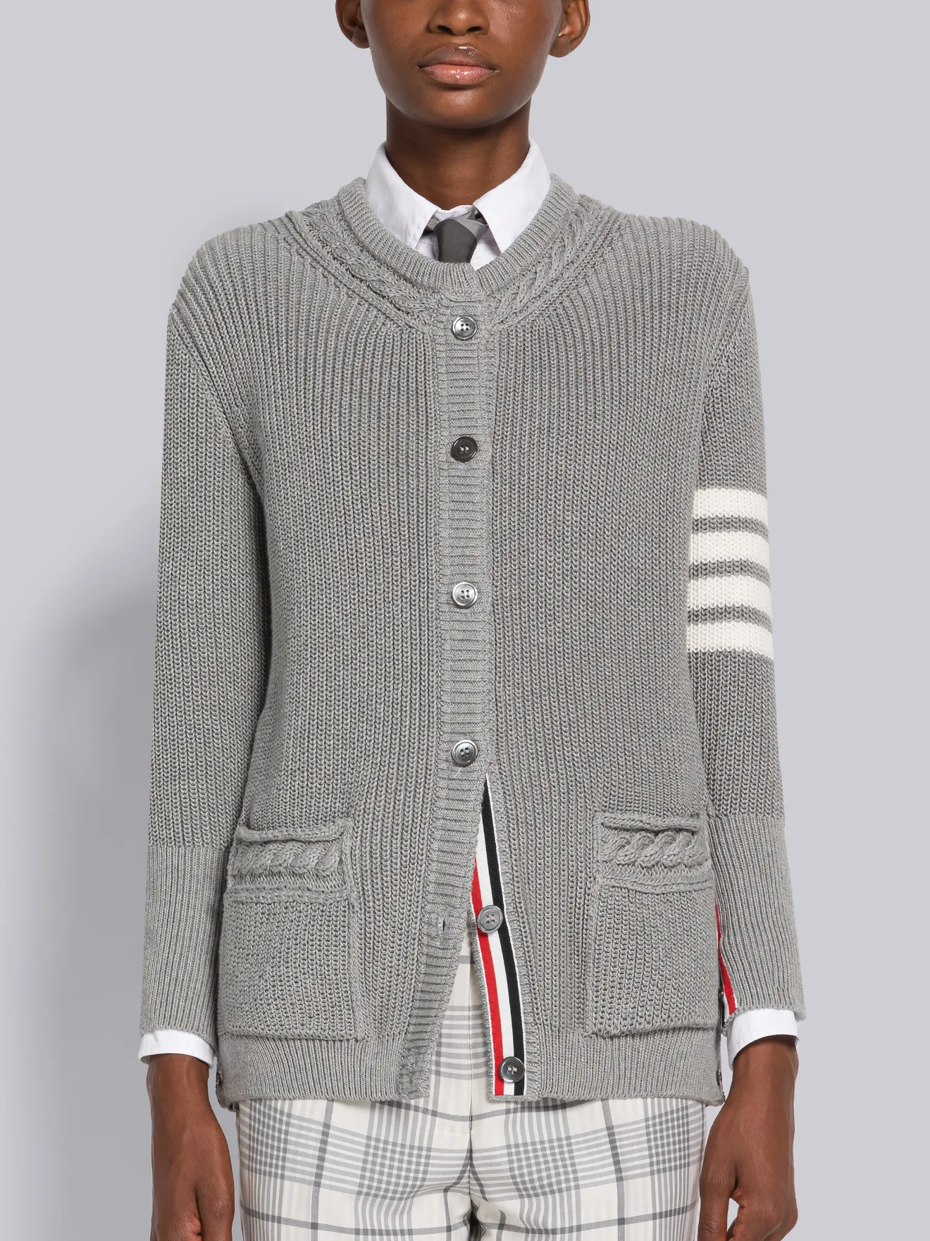 Half Cardigan Stitch Cotton 4-Bar Crew Neck Cardigan | Thom Browne