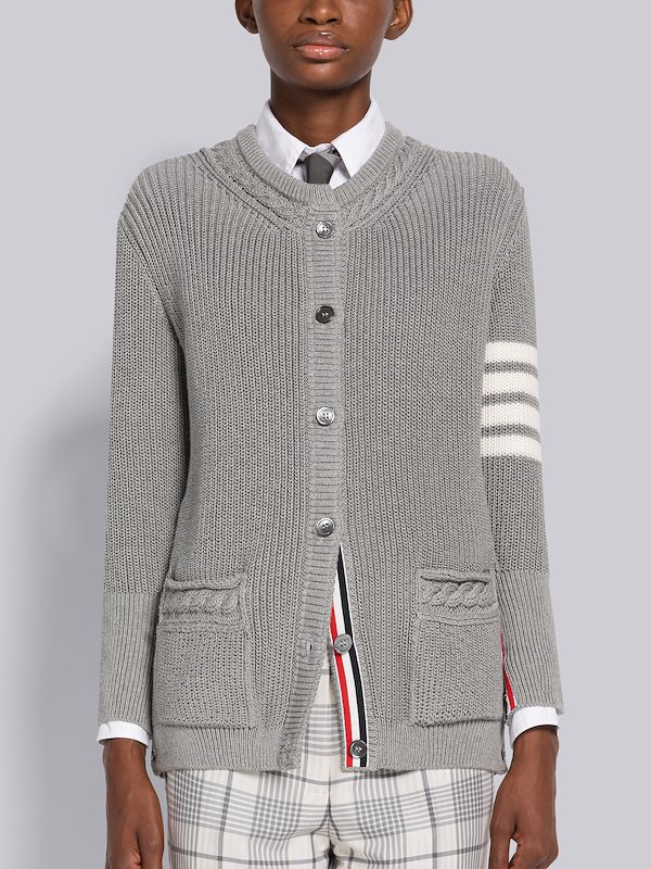 Half Cardigan Stitch Cotton 4-Bar Crew Neck Cardigan