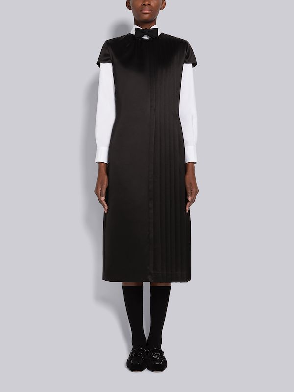 Half Pleat Belted Dress In Wool Silk Suiting