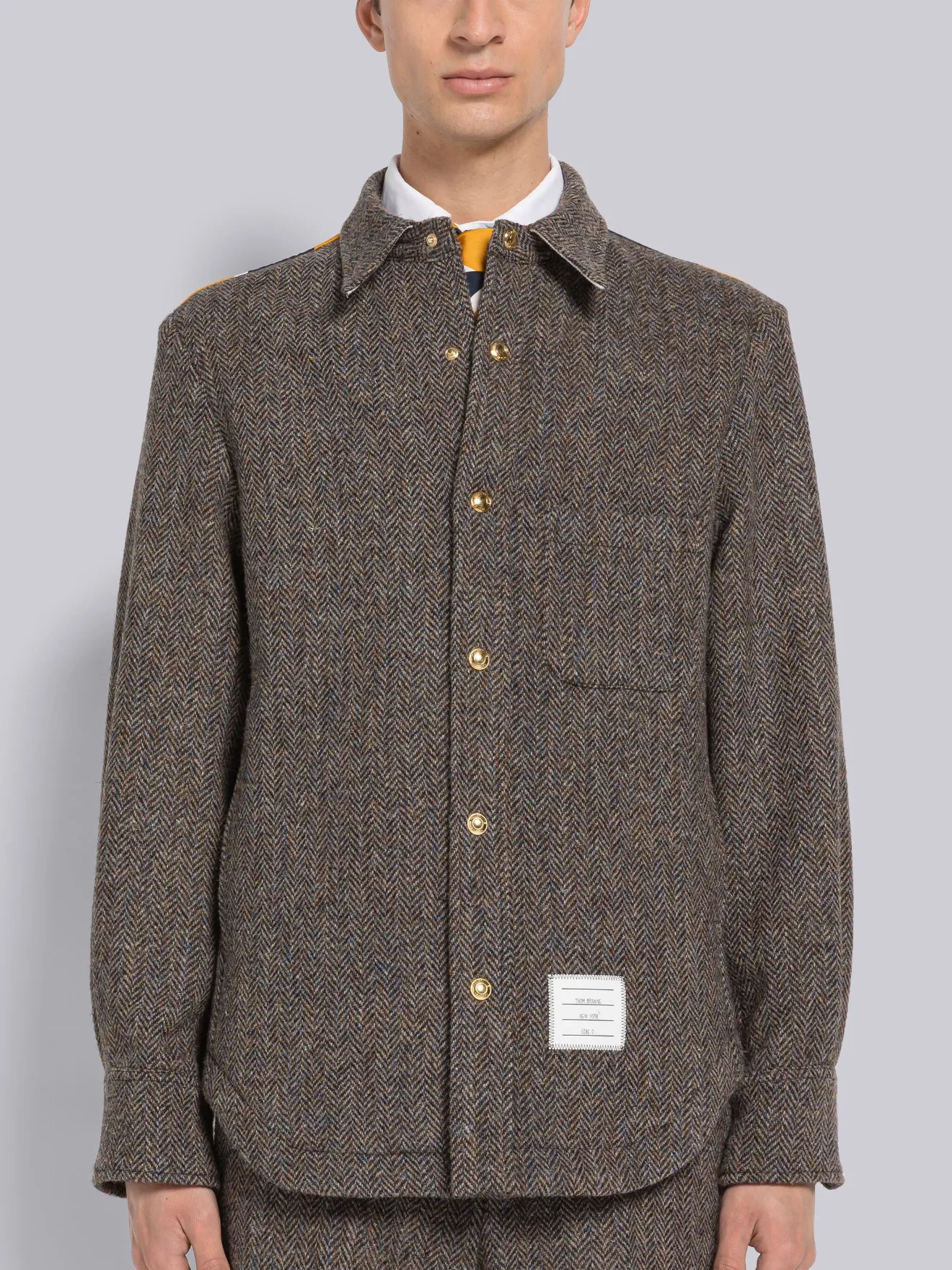 Herringbone Contrast Yoke Snap Front Shirt Jacket | Thom Browne