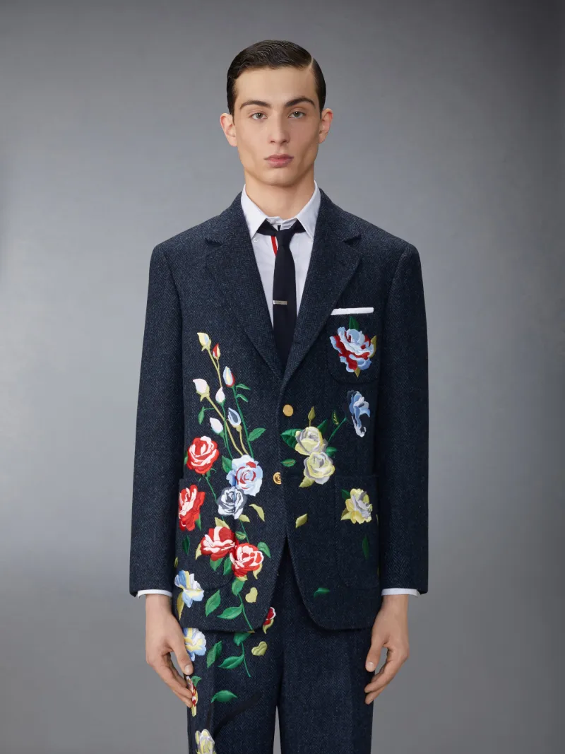 Herringbone Harris Tweed Rose Unstructured Soft Shoulder Patch Pocket Sport Coat Thom Browne