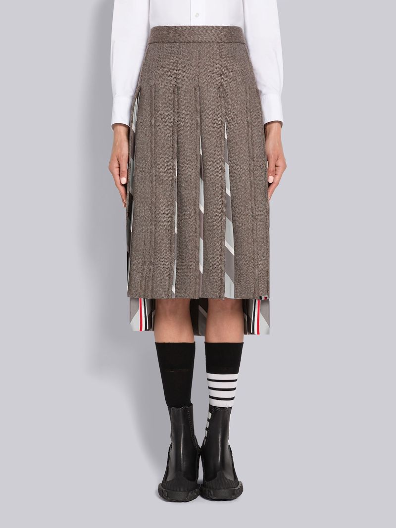 Herringbone Lambswool Silk Insert Pleated Skirt