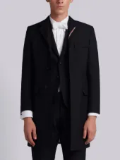 High Armhole Chesterfield With Red, White And Blue Selvedge Placement And Silk Faille Lapel In School Uniform Plain Weave
