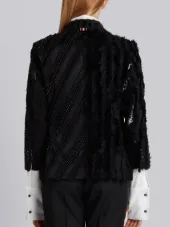 HIGH ARMHOLE SINGLE BREASTED SPORT COAT IN DOUBLE BONDED HEAVY SILK CHARMEUSE WITH ALLOVER FUNMIX EMBROIDERY