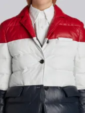 High Armhole Single Breasted Sport Coat With Downfill In Red, White And Blue Deerskin