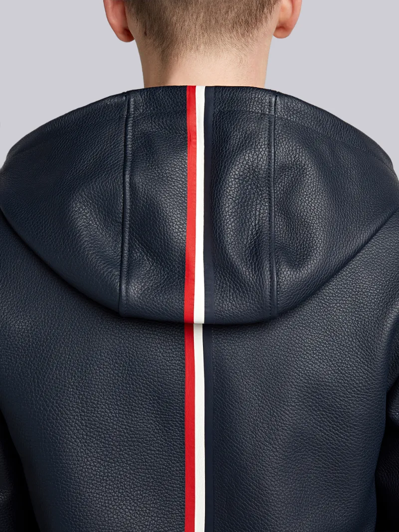 Hooded Zip Up Jacket With Red, White And Blue Intarsia Back Stripe In Deerskin