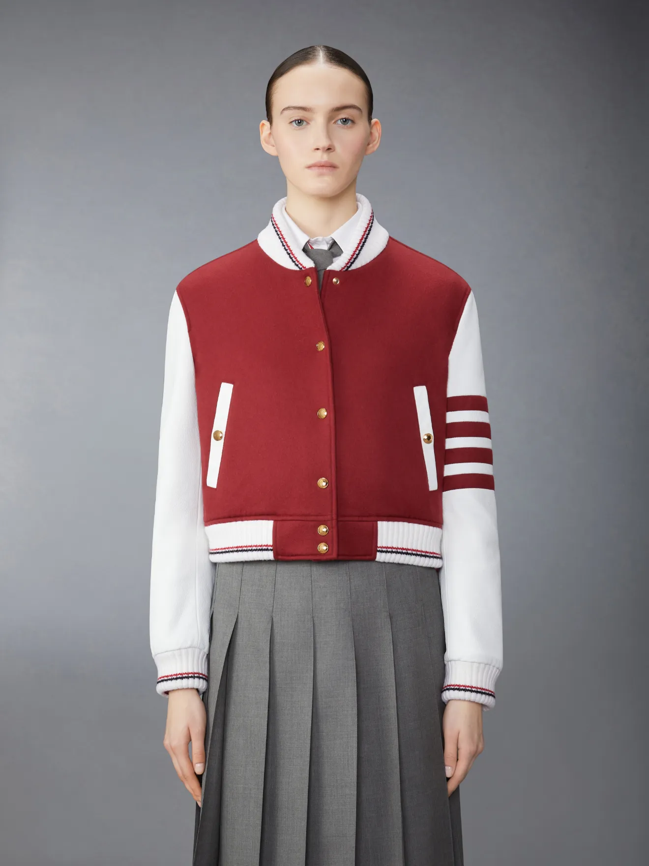 Jacket Weight Cashmere 4 Bar Cropped Varsity Jacket Thom Browne