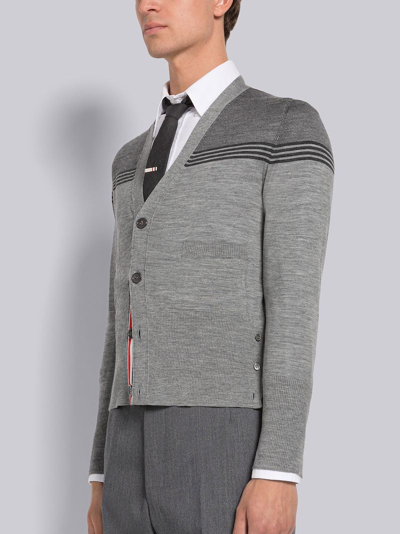 JERSEY JACQUARD MERINO YOKE V-NECK CARDIGAN