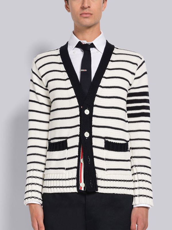 JERSEY STITCH STRIPE COTTON 4-BAR V-NECK CARDIGAN