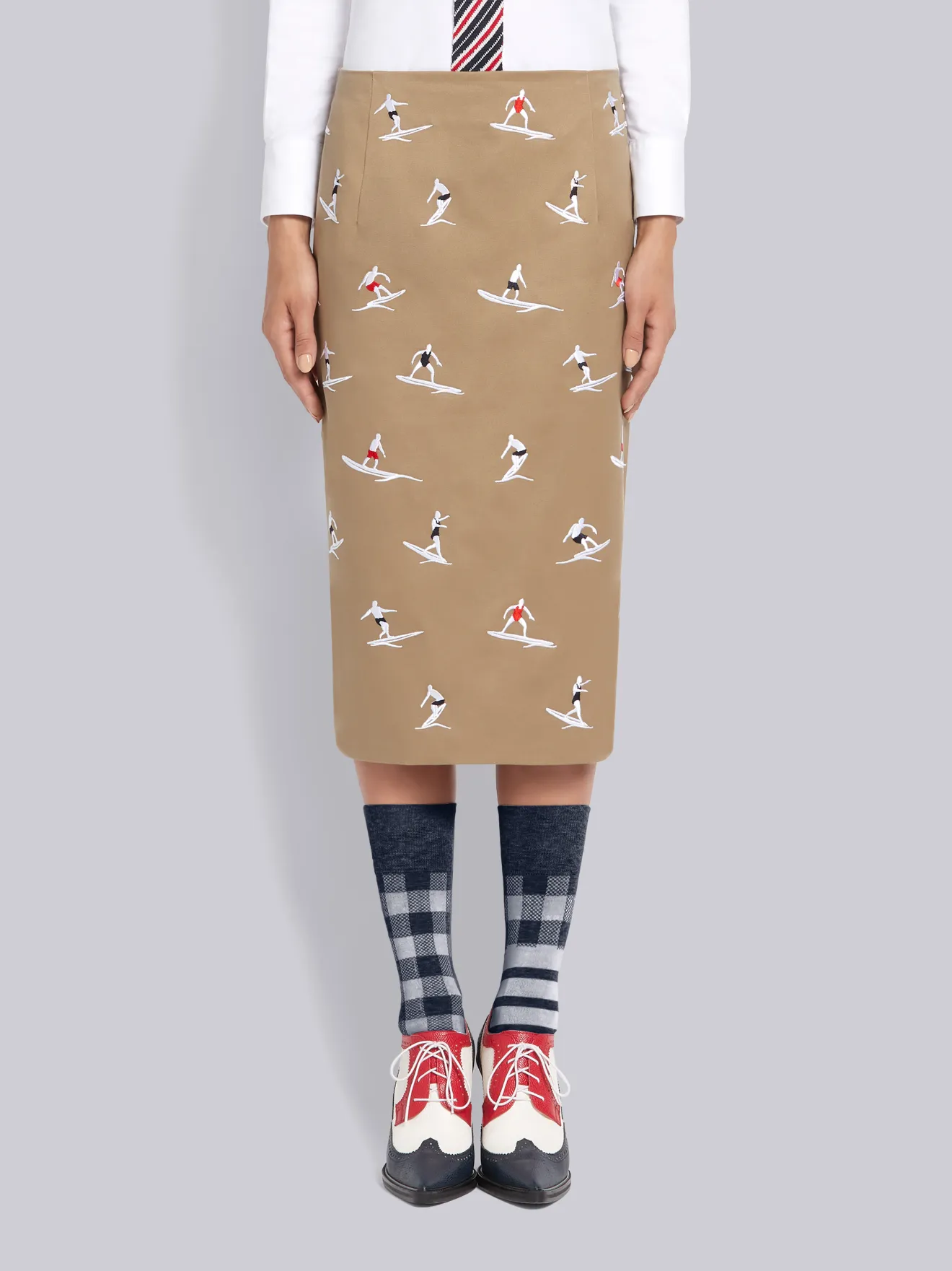 Khaki Cotton Twill Half Drop Surfers Embroidered Sheath Knee Length Pencil Skirt Thom Browne