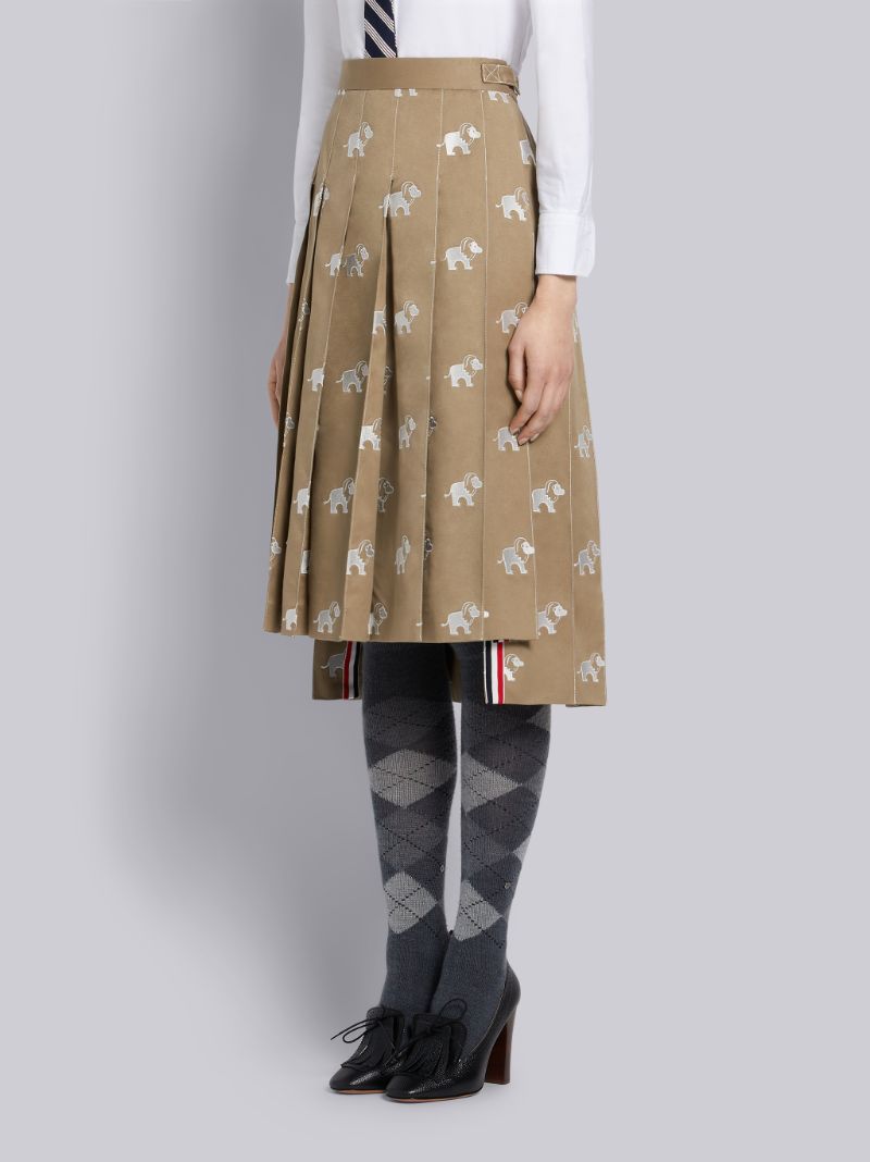 Khaki Cotton Twill Lion Icon Embroidered Pleated Skirt