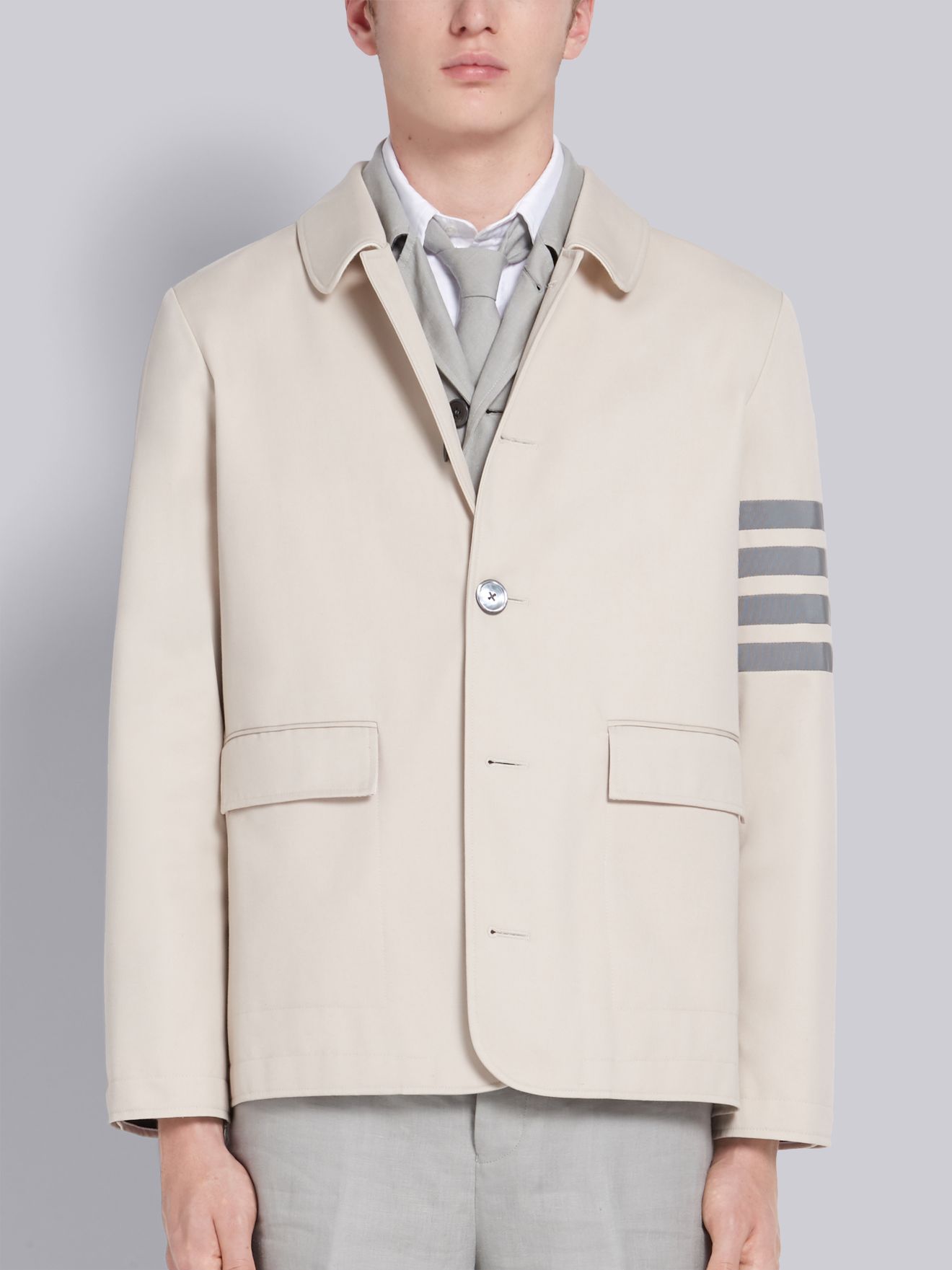 Khaki Cotton Twill Waterproof Button-Up 4-Bar Jacket | Thom Browne