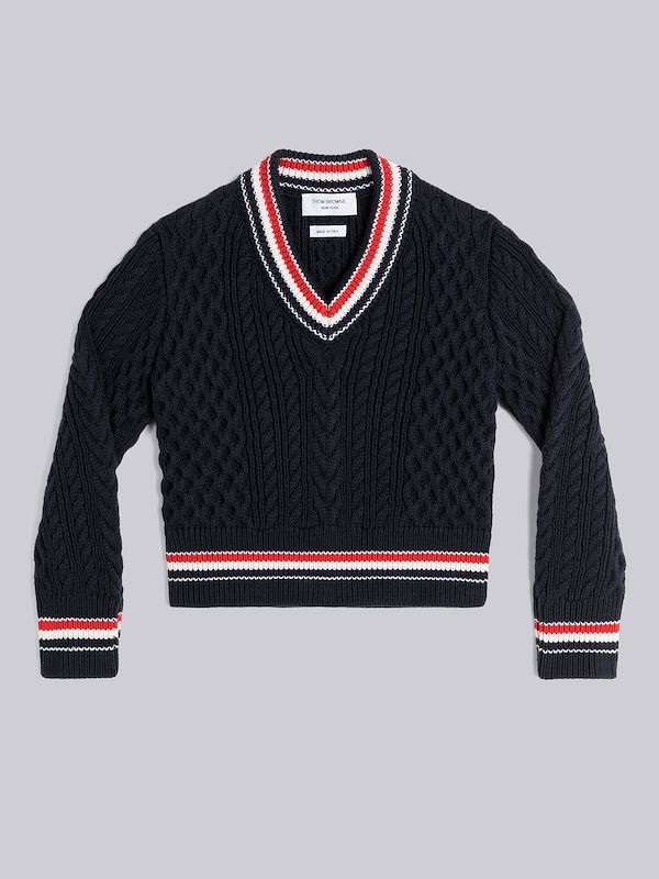 ARAN CABLE CRICKET STRIPE V-NECK PULLOVER