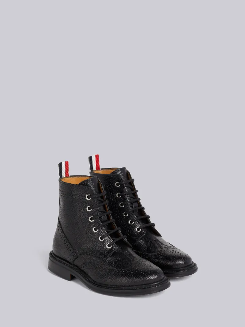 Black Pebble Grain Leather Wing Tip Boot With Leather Sole