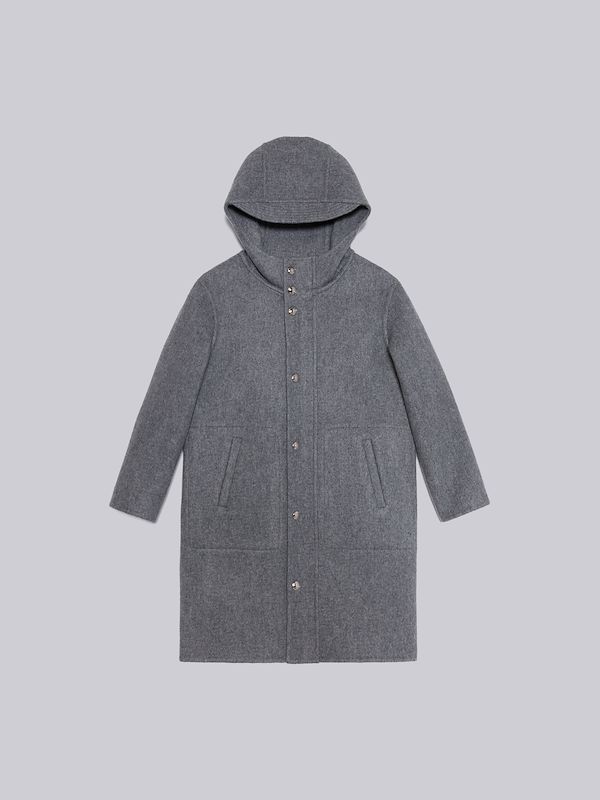 Medium Grey Boiled Wool Engineered Stripe Hooded Overcoat