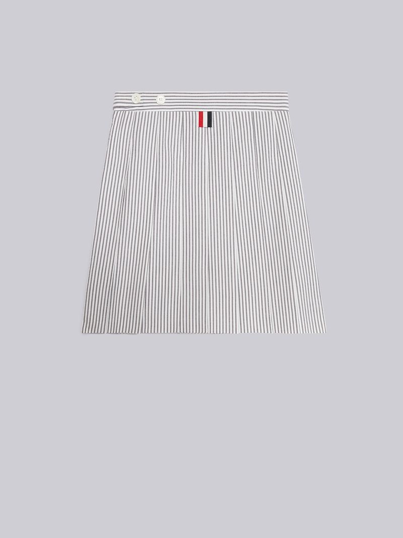 Medium Grey Cotton Seersucker Dropped Back Pleated Miniskirt