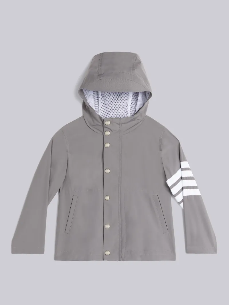 grey hooded rain mac