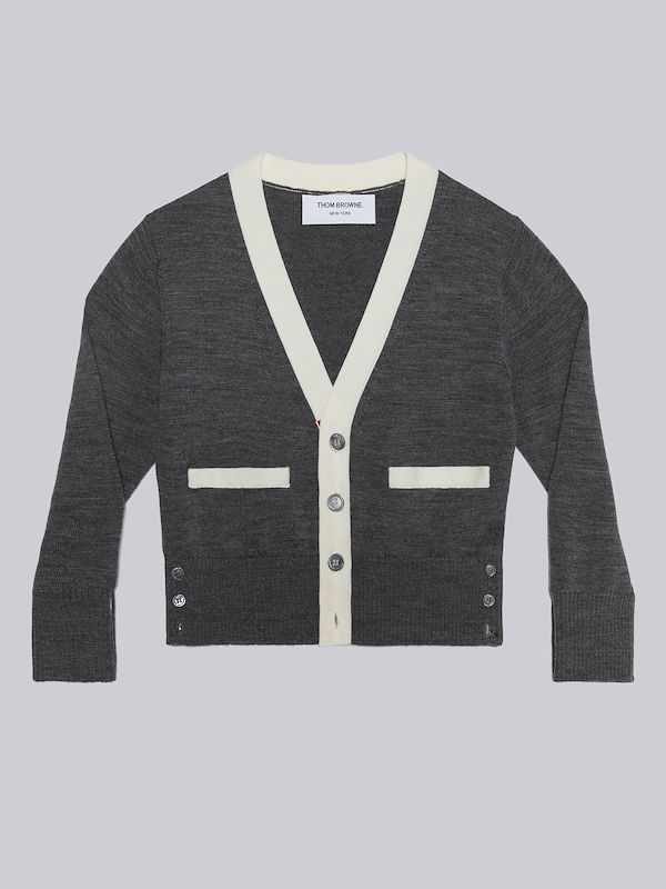 Medium Grey Sustainable Fine Merino Wool Back Stripe Classic V-Neck Cardigan