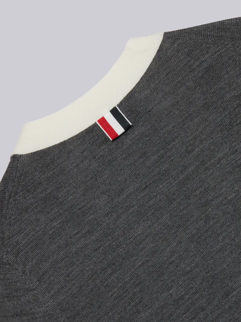 Medium Grey Sustainable Fine Merino Wool Back Stripe Classic V-Neck Cardigan