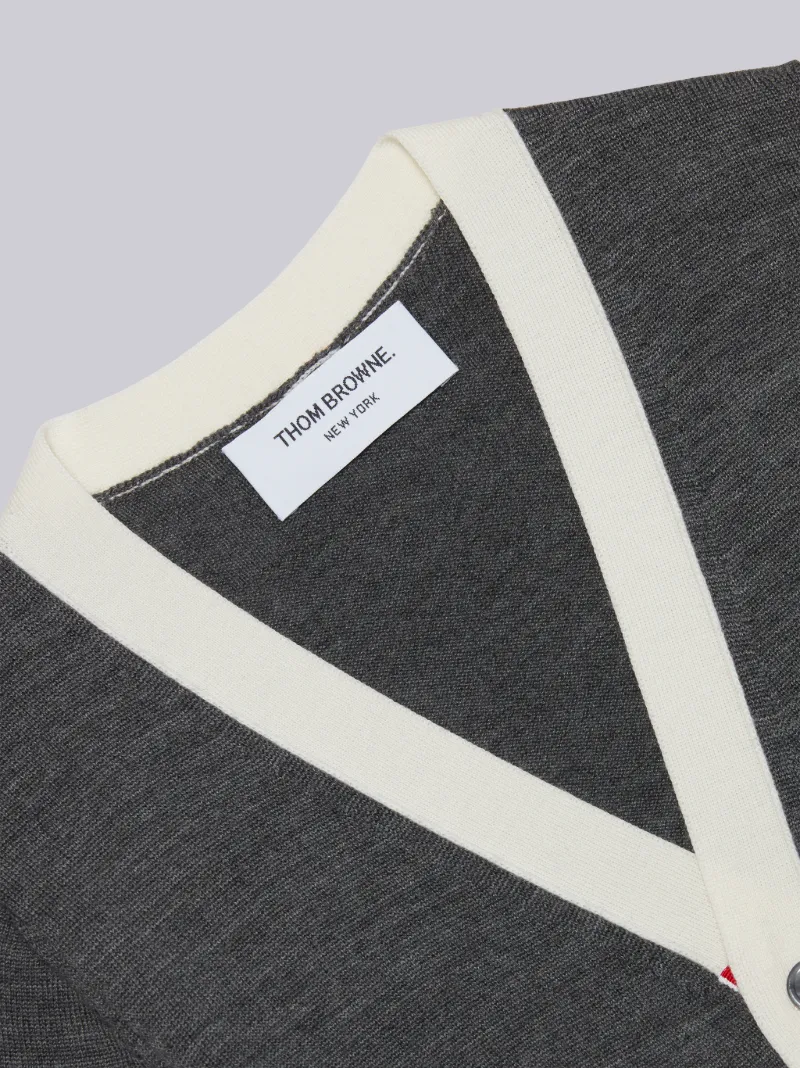 Medium Grey Sustainable Fine Merino Wool Back Stripe Classic V-Neck Cardigan