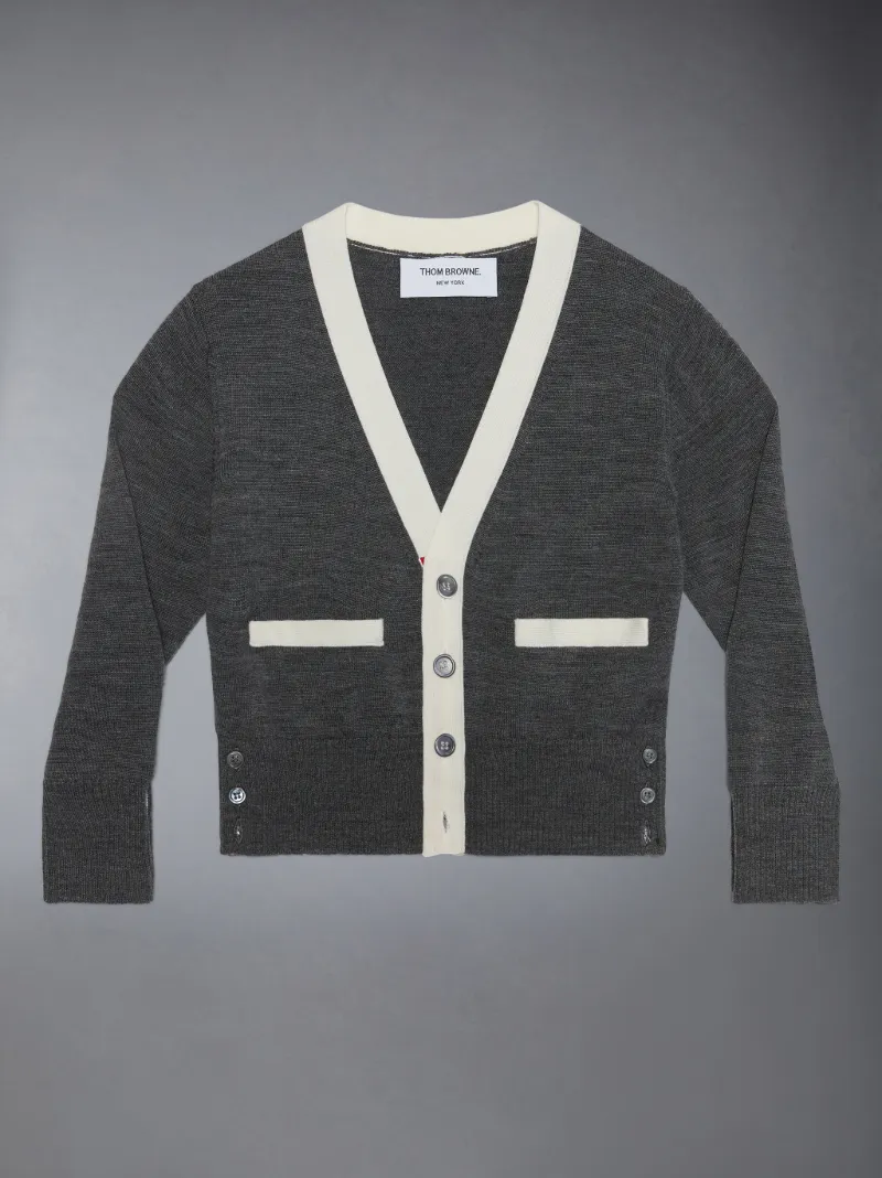 Medium Grey Sustainable Fine Merino Wool Back Stripe Classic V-Neck Cardigan Medium Grey Sustainable Fine Merino Wool Back Stripe Classic V-Neck Cardigan