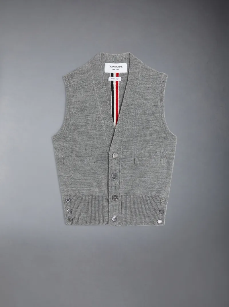 Medium Grey Sustainable Fine Merino Wool Stripe Back V-Neck Cardigan Vest Medium Grey Sustainable Fine Merino Wool Stripe Back V-Neck Cardigan Vest