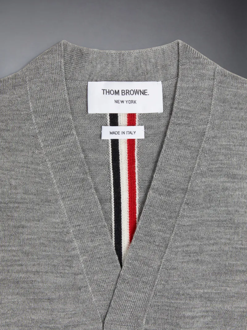 Medium Grey Sustainable Fine Merino Wool Stripe Back V-Neck Cardigan Vest Medium Grey Sustainable Fine Merino Wool Stripe Back V-Neck Cardigan Vest