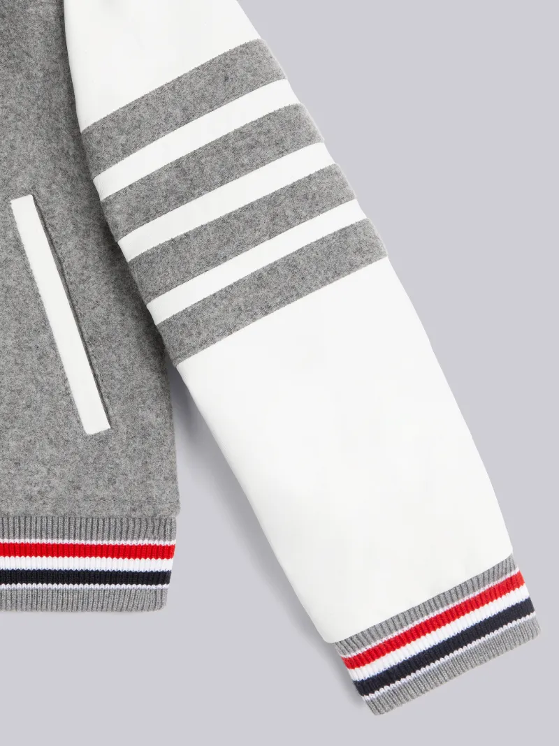 Medium Grey Wool Melton Stripe Rib Trim Leather Sleeve Varsity Jacket Medium Grey Wool Melton Stripe Rib Trim Leather Sleeve Varsity Jacket