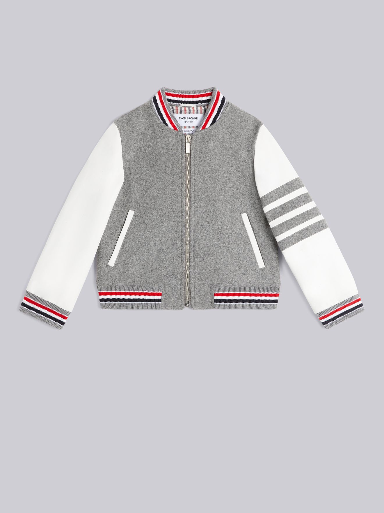 Medium Grey Wool Melton Stripe Rib Trim Leather Sleeve Varsity Jacket |  Thom Browne Official