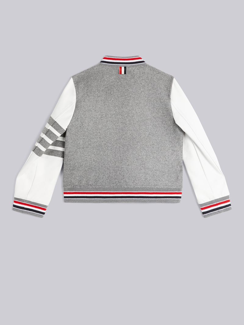 Medium Grey Wool Melton Stripe Rib Trim Leather Sleeve Varsity Jacket