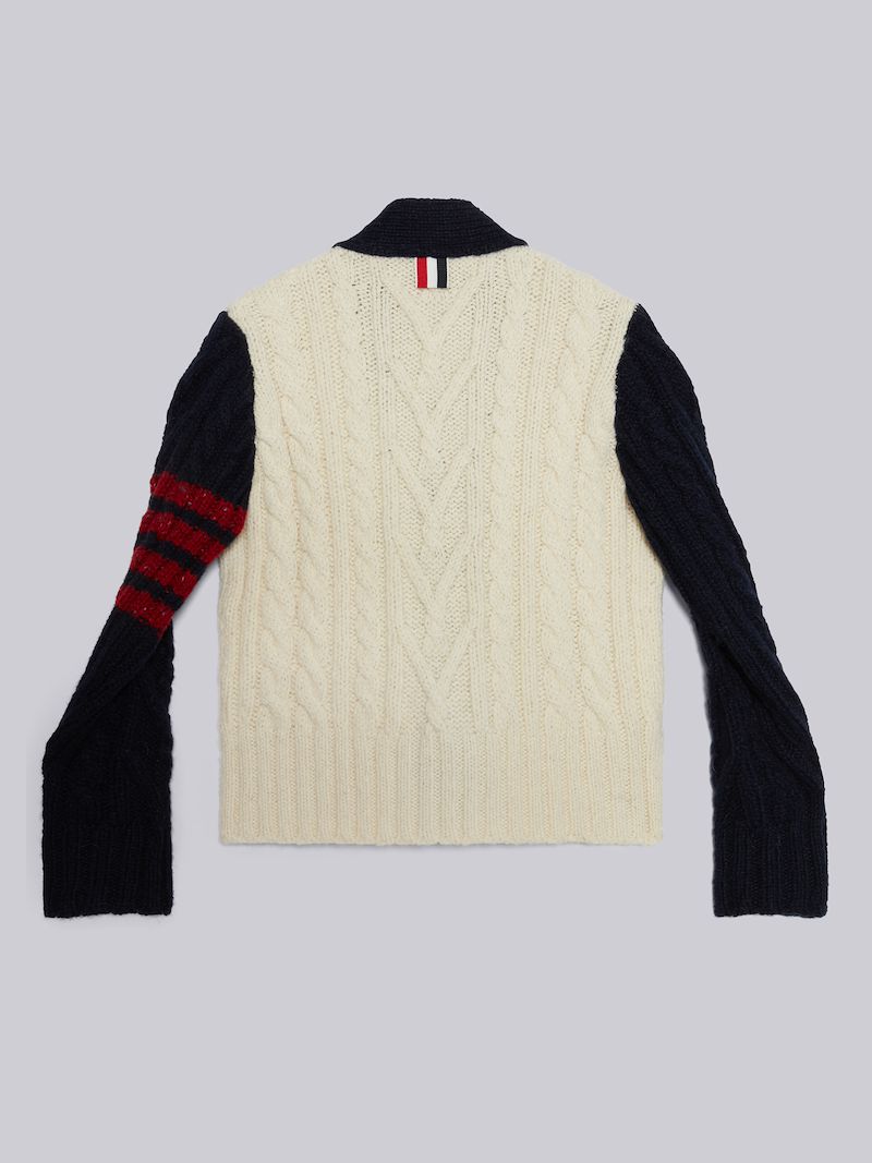 Multicolor Fine Merino Mohair Tweed 4-Bar Aran Cable V-Neck Cardigan