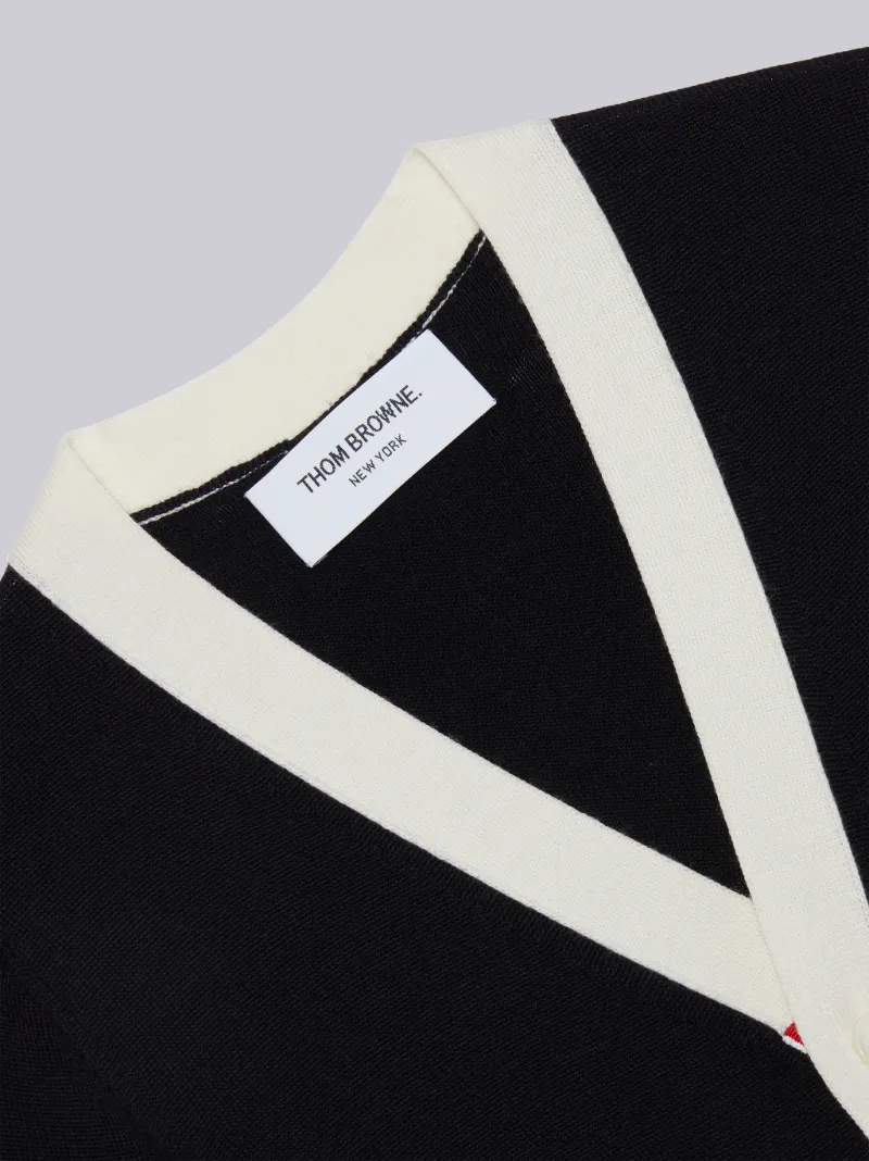 Navy Sustainable Fine Merino Wool Back Stripe Classic V-Neck Cardigan