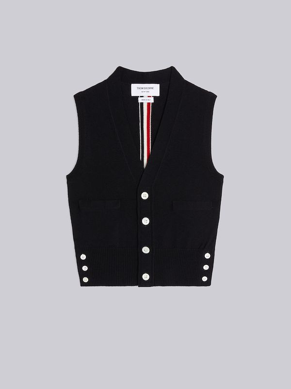 Navy Sustainable Fine Merino Wool Stripe Back V-Neck Cardigan Vest